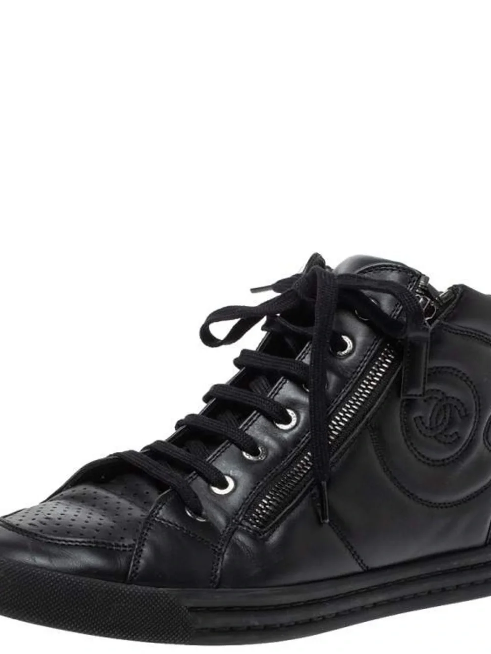 CHANEL Black Leather High-Top Sneaker with Side Zip Detail